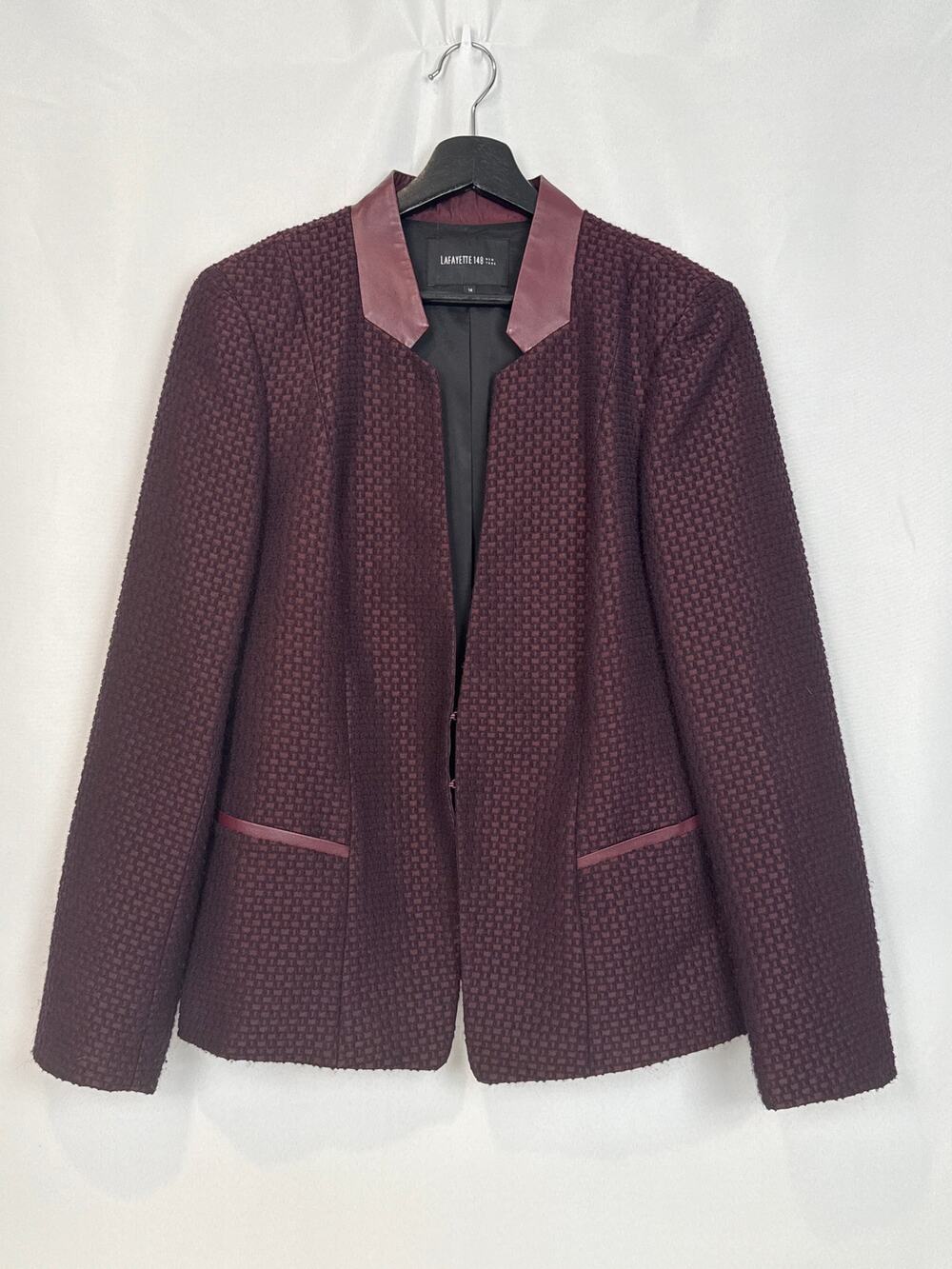 Lafayette 148 New York Tweed Boucle Jacket Leather Trim Size 14